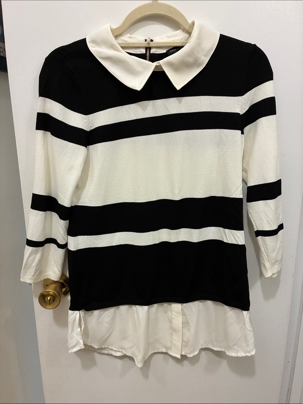 White House Black Market Black & White Striped Collared Tunic